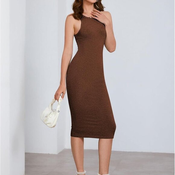 Women's Sleeveless Ribbed Knit Midi Dress Fall Casual Office Wedding Guest - Picture 3 of 6